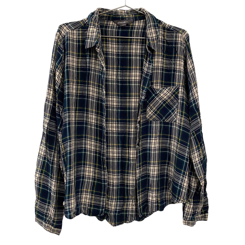 Eddie Bauer Blue Green & White Viscose Plaid Button Down Long Sleeve Blouse